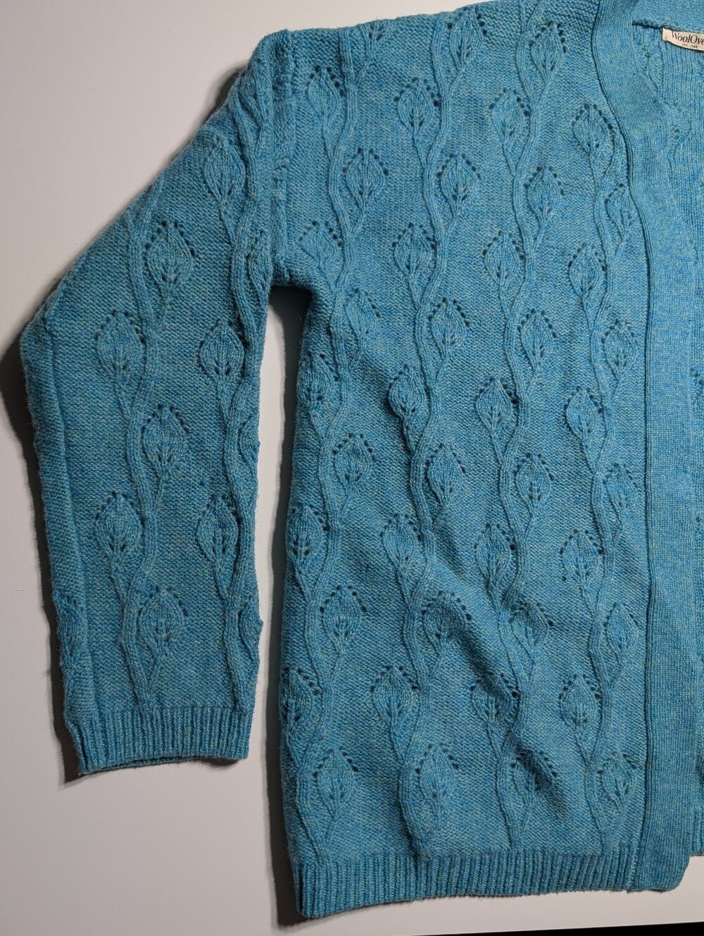 WoolOvers Womens M Cableknit Wool Cardigan Sweater Blue Green Teal Lambswool - Picture 8 of 9